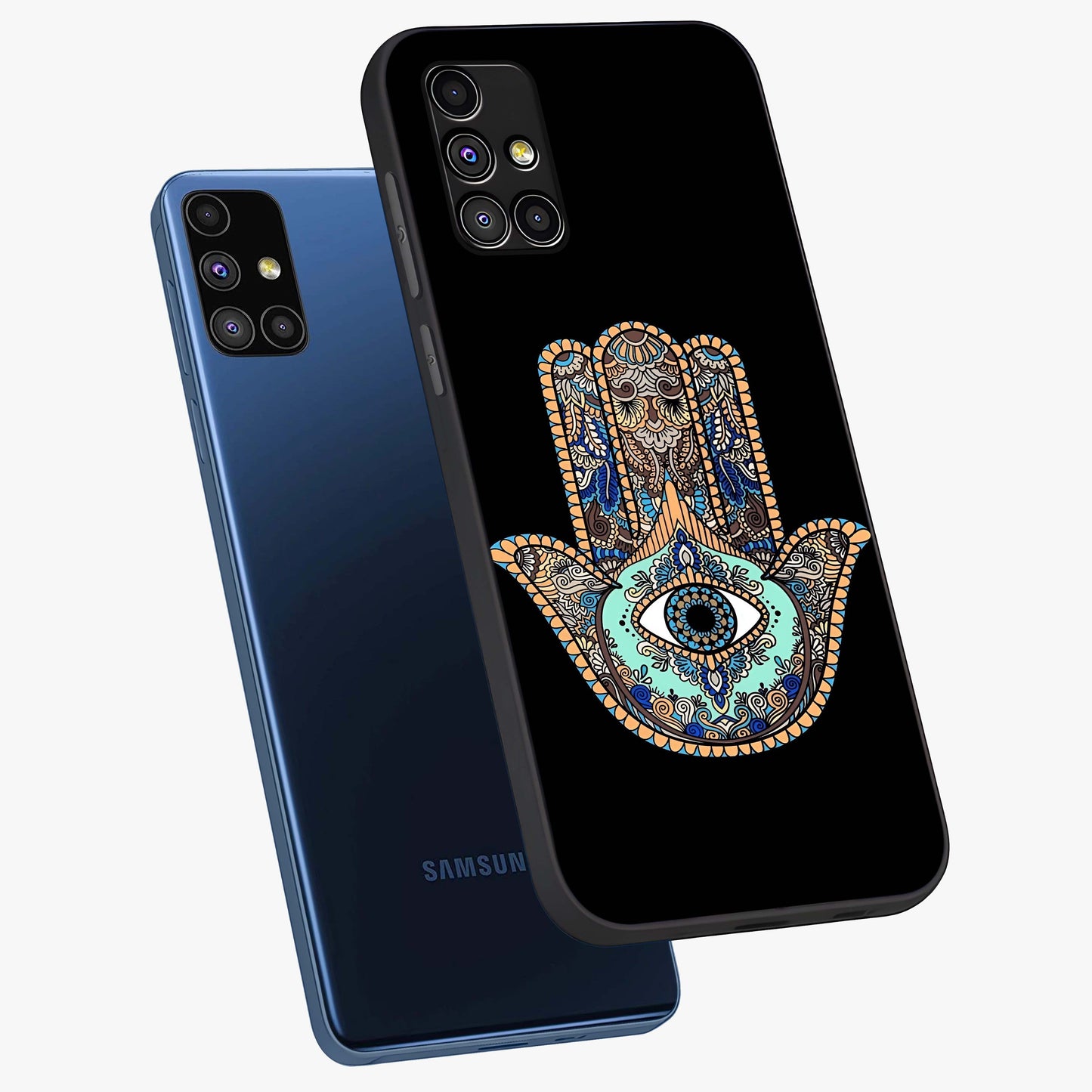 Mystic Hamsa Eye Glass Case displayed in angled mockup highlighting spiritual hamsa symbol with mystical aesthetic style.