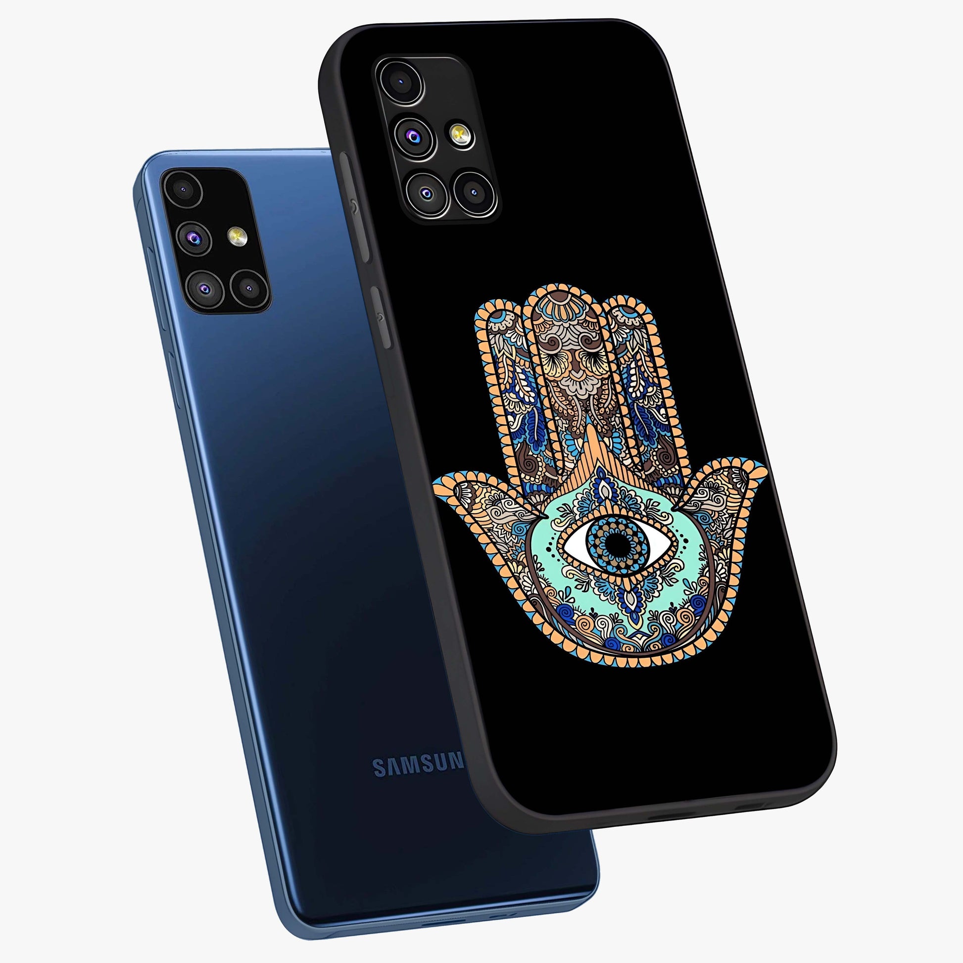 Mystic Hamsa Eye Glass Case displayed in angled mockup highlighting spiritual hamsa symbol with mystical aesthetic style.
