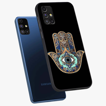 Mystic Hamsa Eye Glass Case displayed in angled mockup highlighting spiritual hamsa symbol with mystical aesthetic style.
