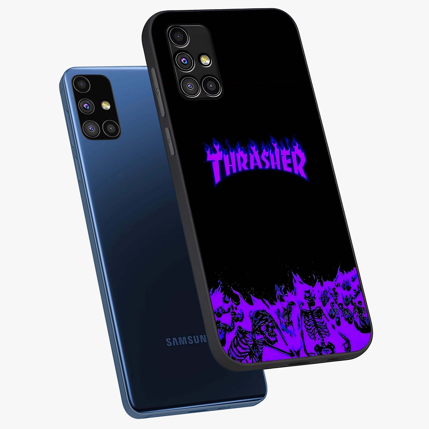 Neon Flame Riot Glass Case displayed in angled mockup highlighting glowing flame design with vibrant neon aesthetic.