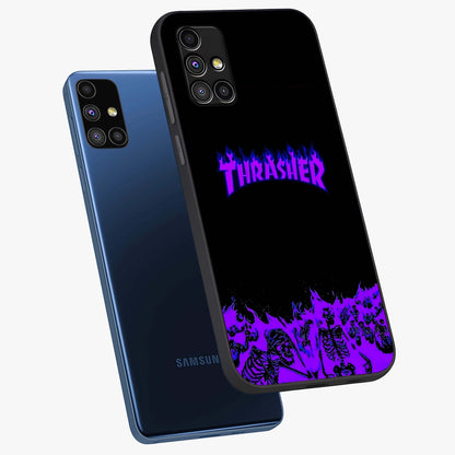 Neon Flame Riot Glass Case displayed in angled mockup highlighting glowing flame design with vibrant neon aesthetic.
