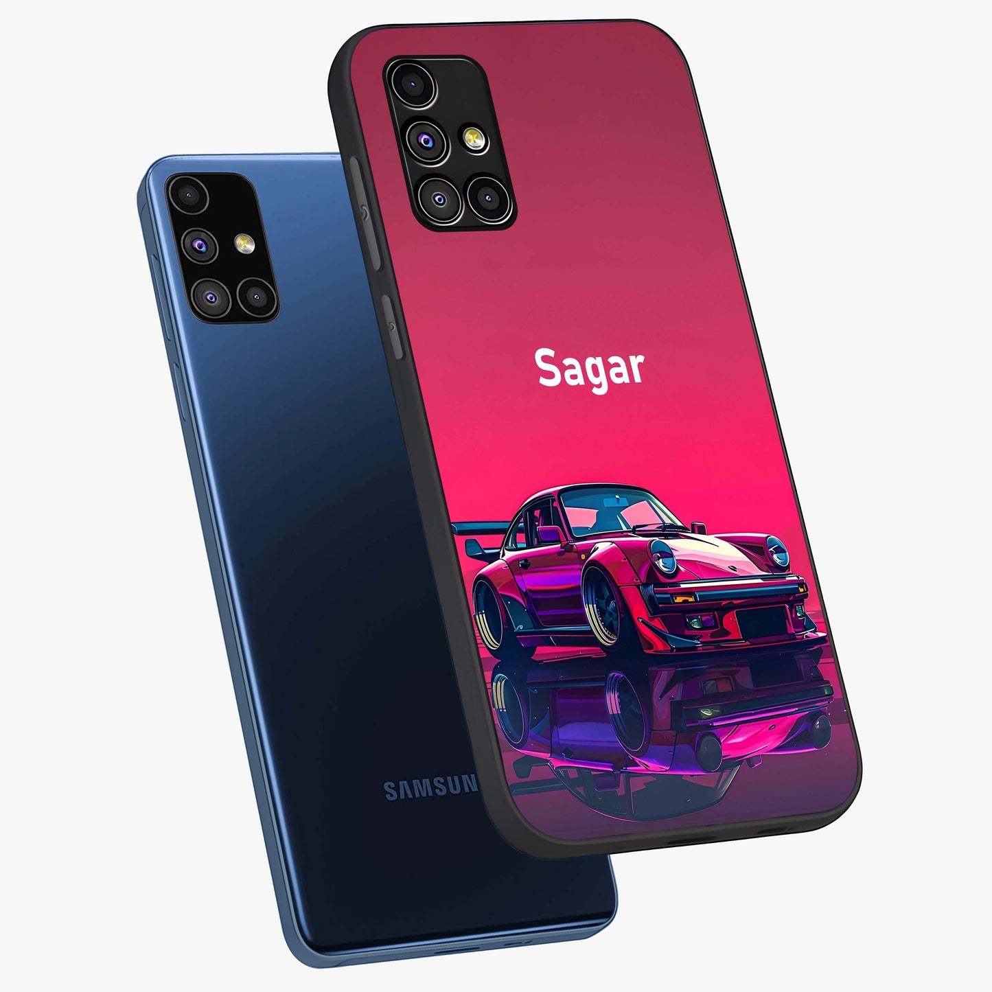 Neon Pink Porsche Glass Case displayed in angled mockup highlighting sleek neon pink car design with racing aesthetic.