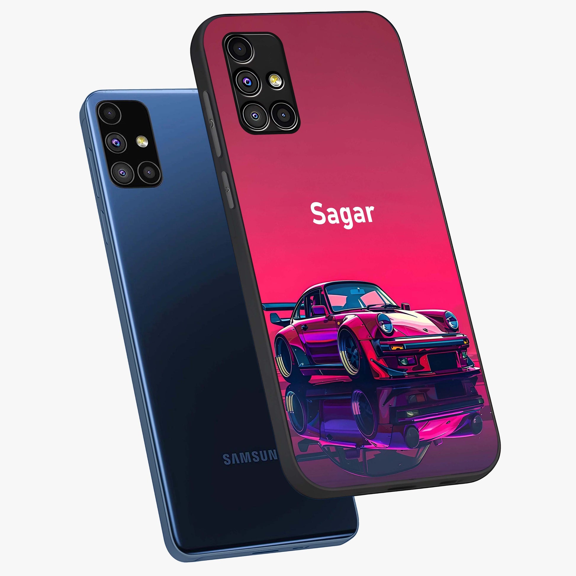 Neon Pink Porsche Glass Case displayed in angled mockup highlighting sleek neon pink car design with racing aesthetic.