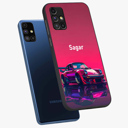 Neon Pink Porsche Glass Case displayed in angled mockup highlighting sleek neon pink car design with racing aesthetic.