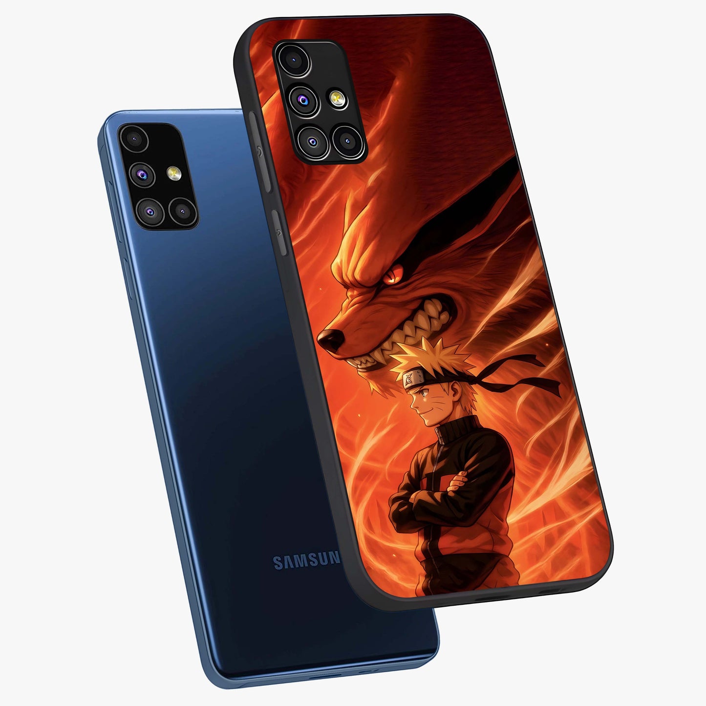 Nine Tails Legacy Glass Case displayed in angled mockup highlighting dynamic anime beast illustration with bold mystical aesthetic.
