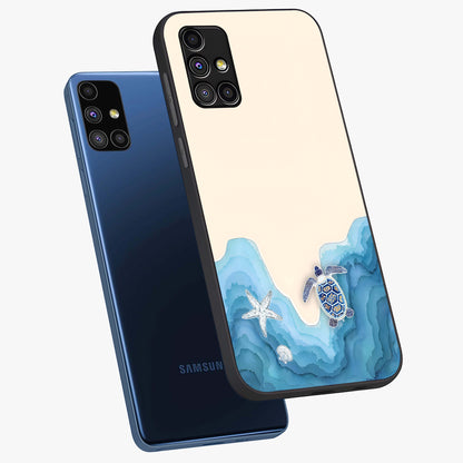 Ocean Drift Turtle Glass Case displayed in angled mockup highlighting peaceful ocean turtle illustration with marine aesthetic.