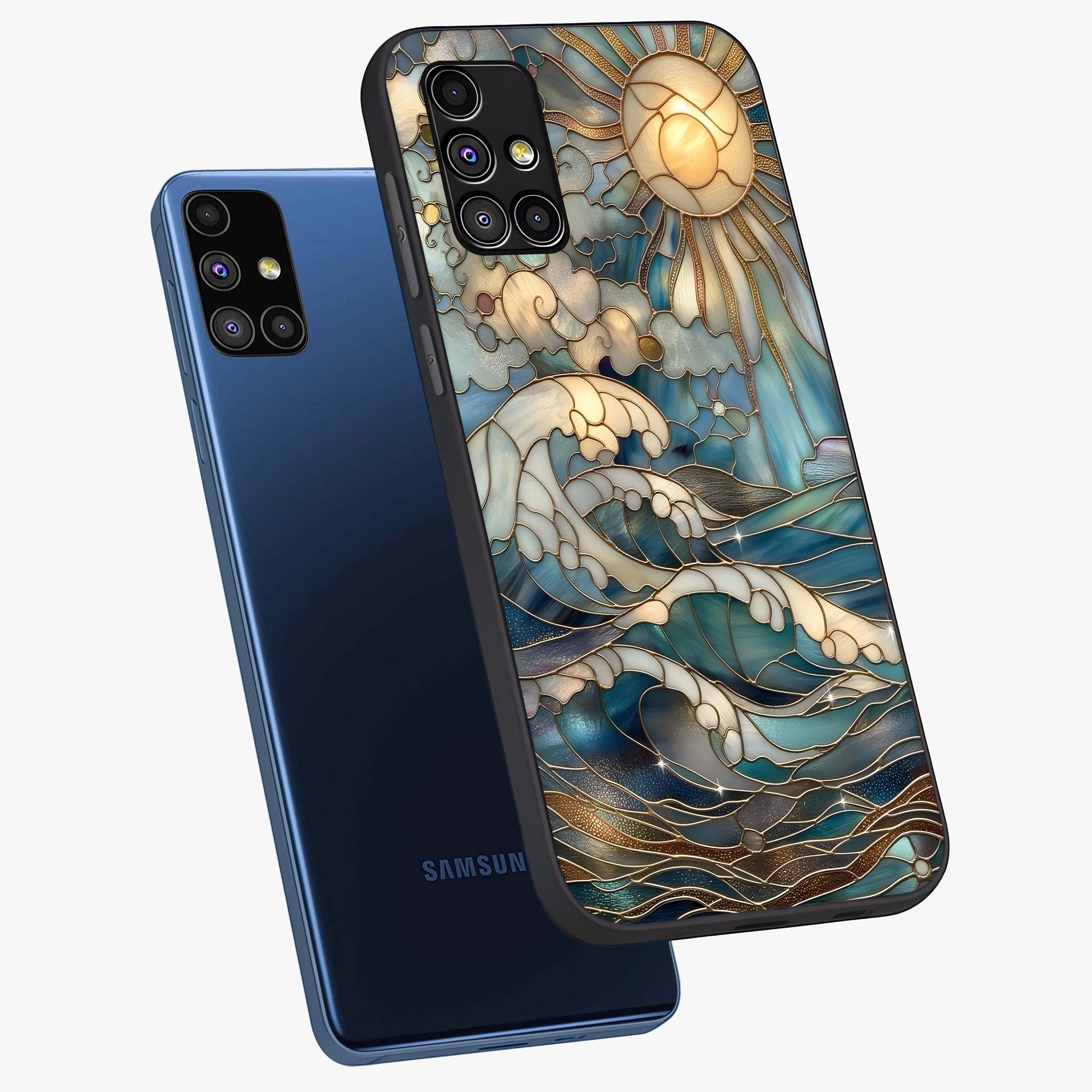 Oceanic Stained Printed Glass Case displayed in angled mockup highlighting colorful aquatic design with artistic aesthetic style.