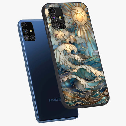 Oceanic Stained Printed Glass Case displayed in angled mockup highlighting colorful aquatic design with artistic aesthetic style.