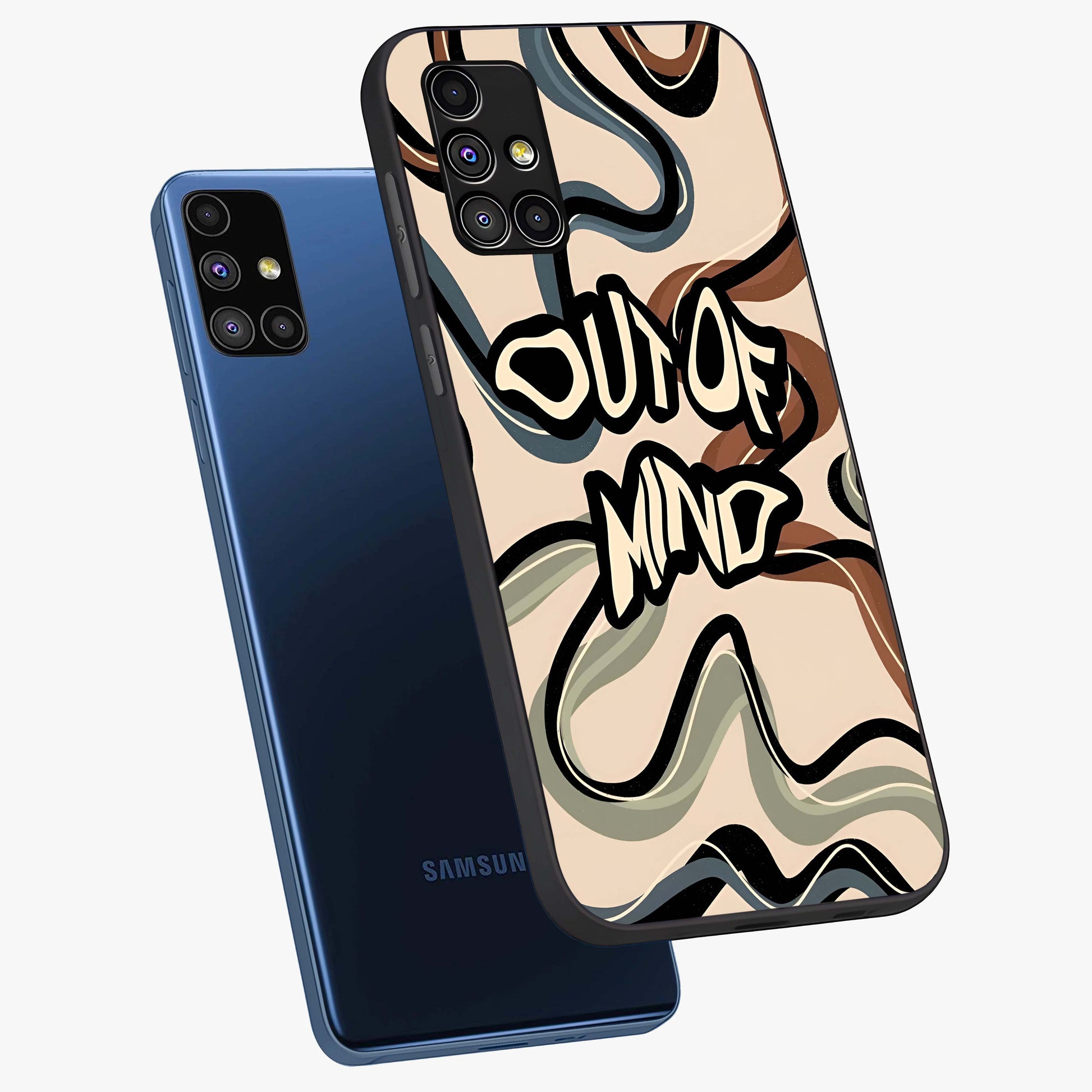 Out Of Mind Glass Case displayed in angled mockup highlighting bold statement design with modern artistic aesthetic.