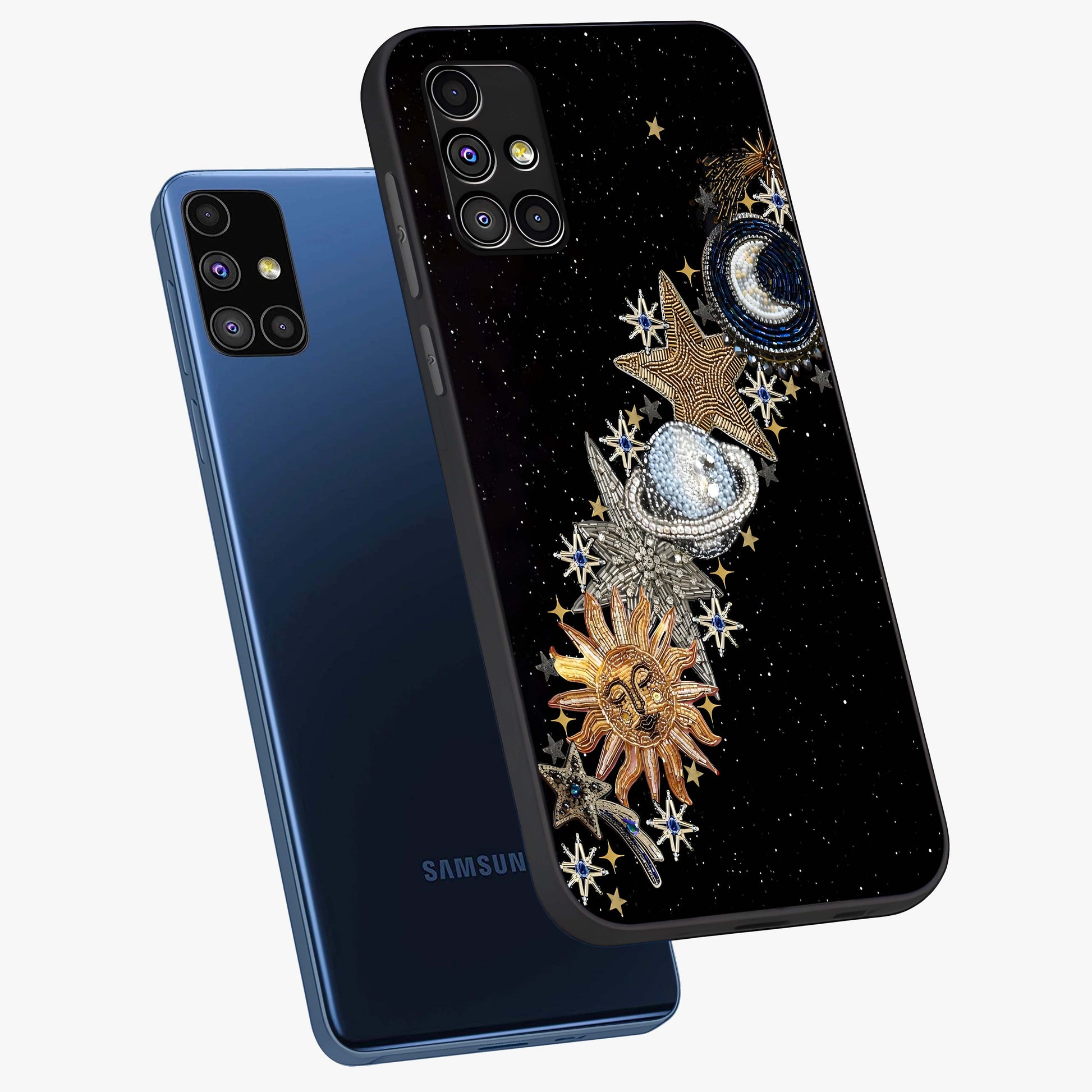 Pearls Universe Object Glass Case displayed in angled mockup highlighting celestial pearl design with dreamy aesthetic.