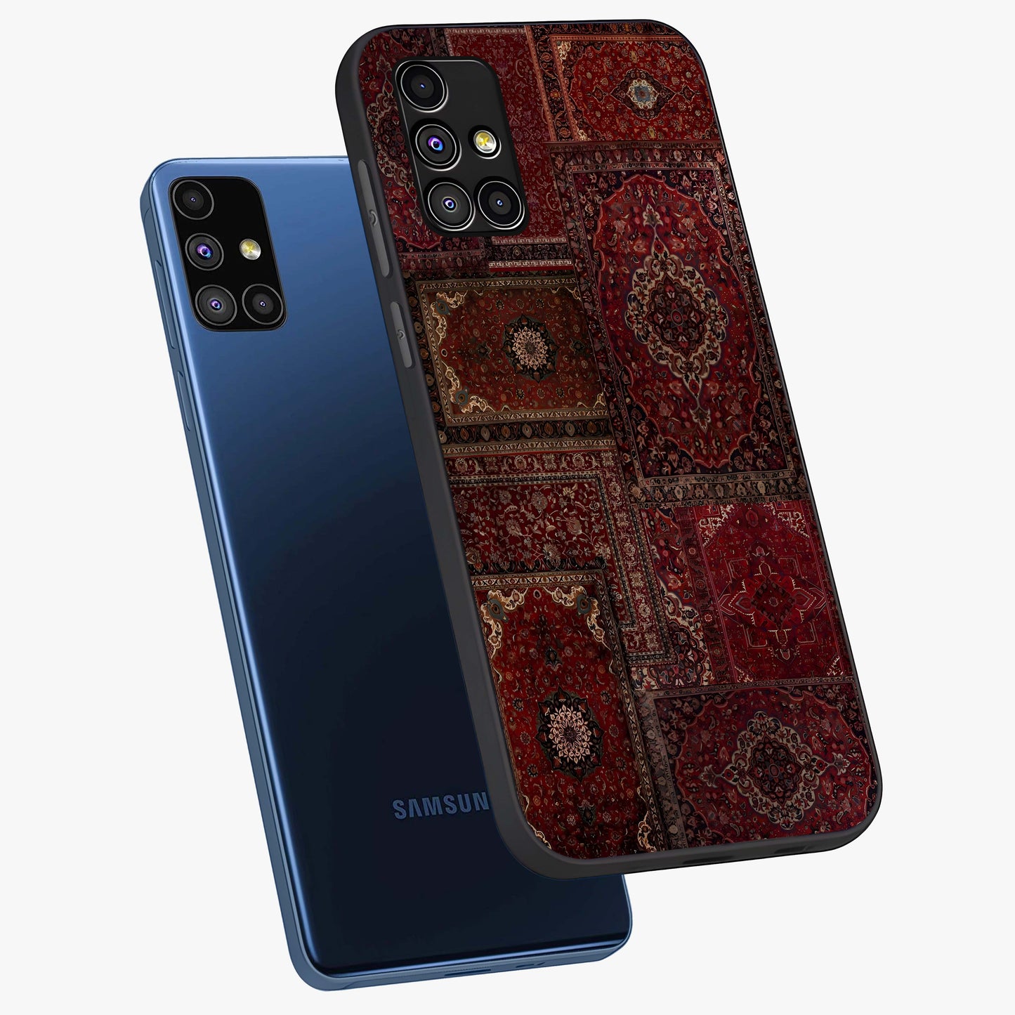 Persian Velvet Tale Glass Case displayed in angled mockup highlighting ornate textile inspired design with royal aesthetic.