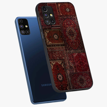 Persian Velvet Tale Glass Case displayed in angled mockup highlighting ornate textile inspired design with royal aesthetic.