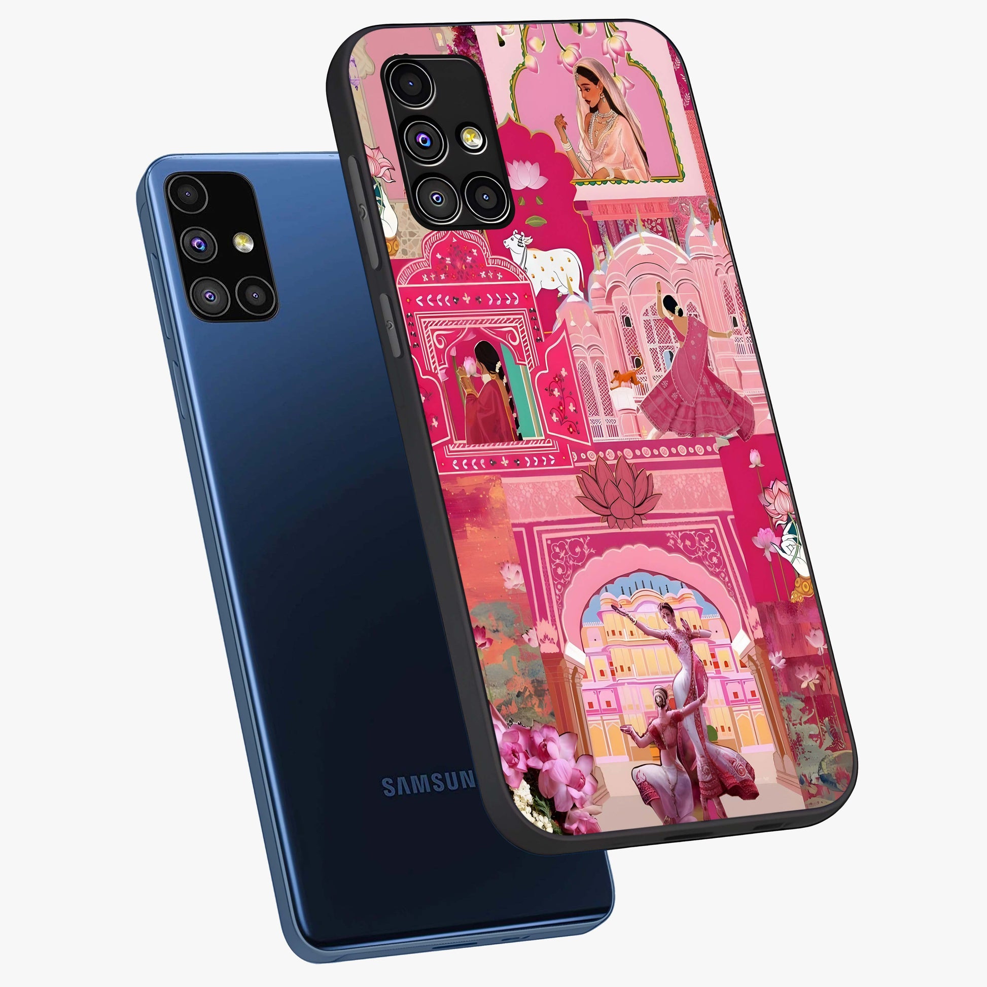 Pink Palace Muse Glass Case displayed in angled mockup highlighting dreamy palace illustration with soft pink aesthetic.