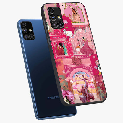 Pink Palace Muse Glass Case displayed in angled mockup highlighting dreamy palace illustration with soft pink aesthetic.