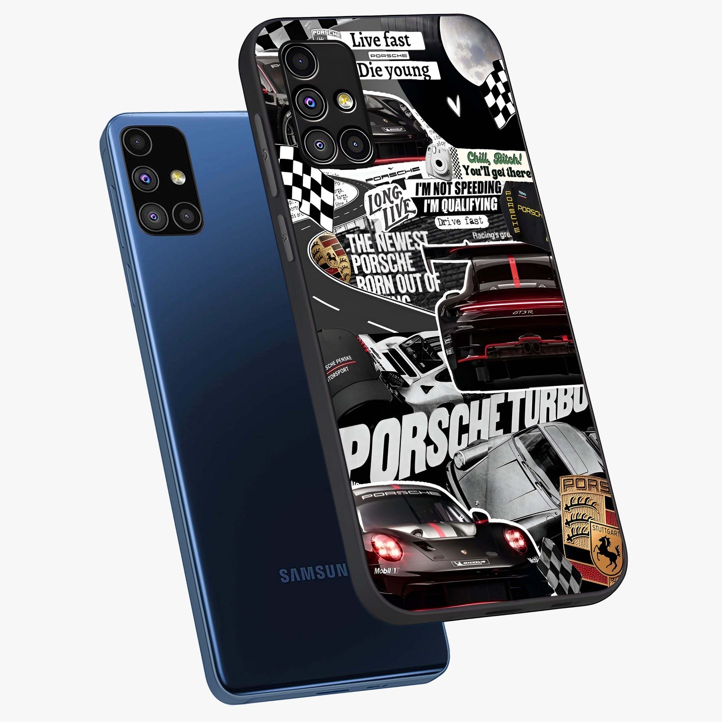 Porsche Racing Collage Glass Case displayed in angled mockup highlighting dynamic automotive design with bold racing aesthetic.