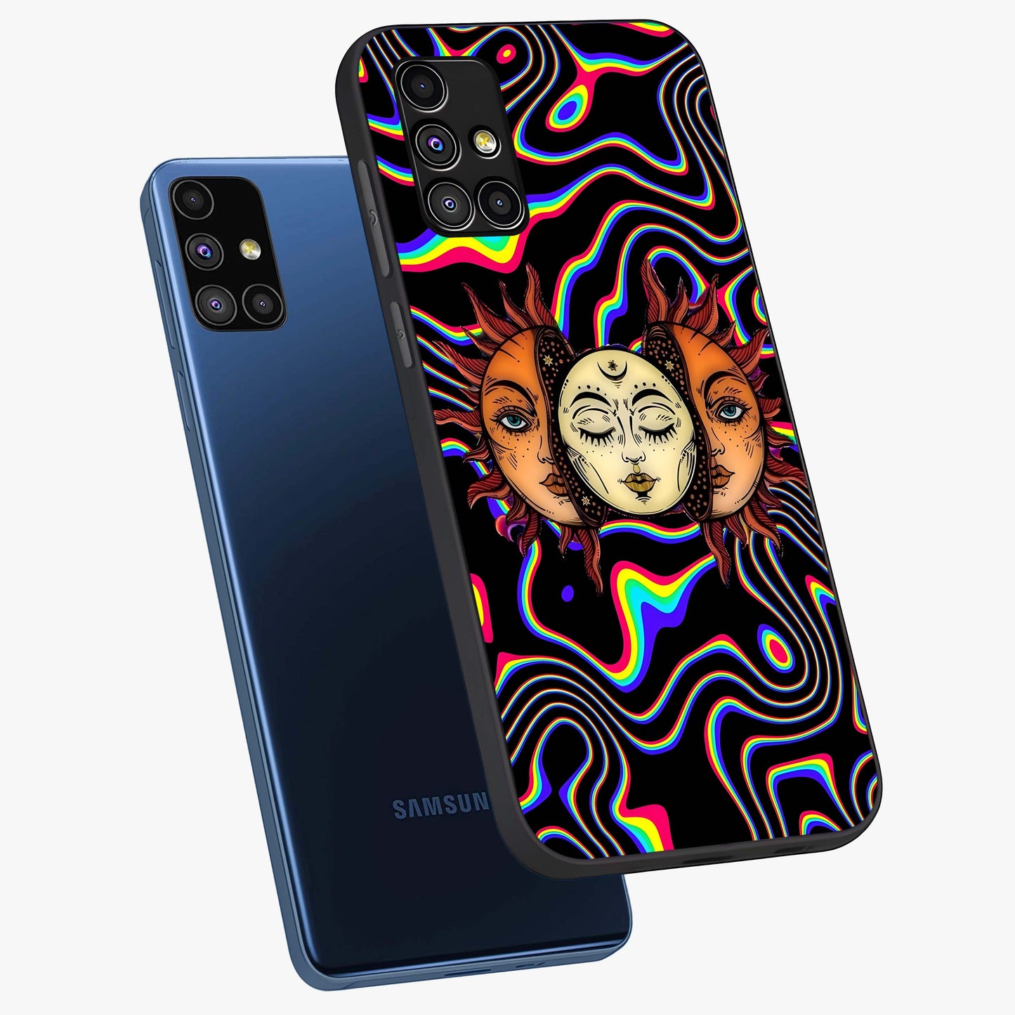 Psychedelic Sun Glass Case displayed in angled mockup highlighting vibrant abstract sun design with artistic aesthetic style.