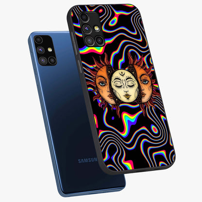 Psychedelic Sun Glass Case displayed in angled mockup highlighting vibrant abstract sun design with artistic aesthetic style.
