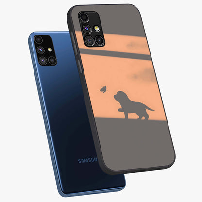 Puppy Shadow Art Glass Case displayed in angled mockup highlighting playful dog illustration with artistic shadow aesthetic.