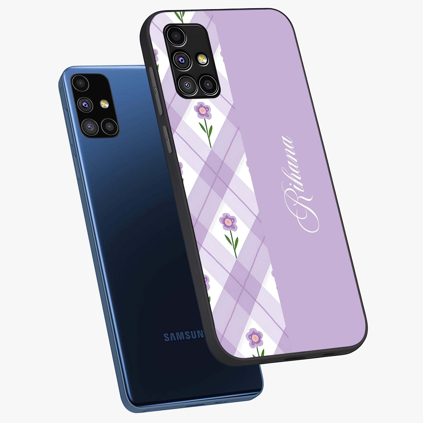 Purple Diamond Floral Glass Case displayed in angled mockup highlighting elegant purple flower design with decorative pattern.