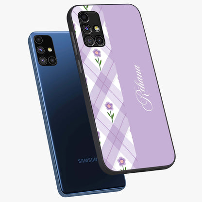 Purple Diamond Floral Glass Case displayed in angled mockup highlighting elegant purple flower design with decorative pattern.
