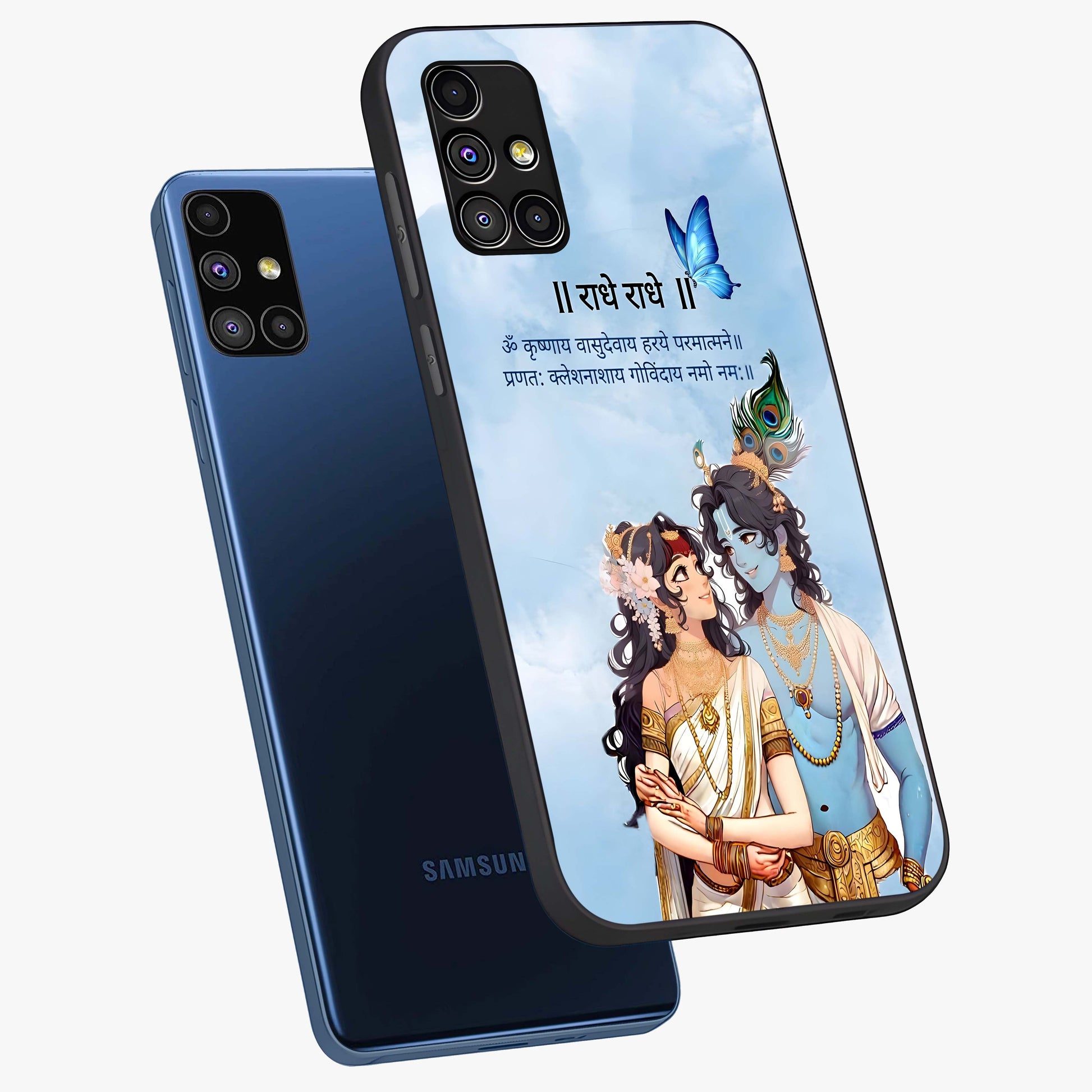 Radha Krishna Eternal Glass Case displayed in angled mockup highlighting divine Radha Krishna illustration with spiritual aesthetic.