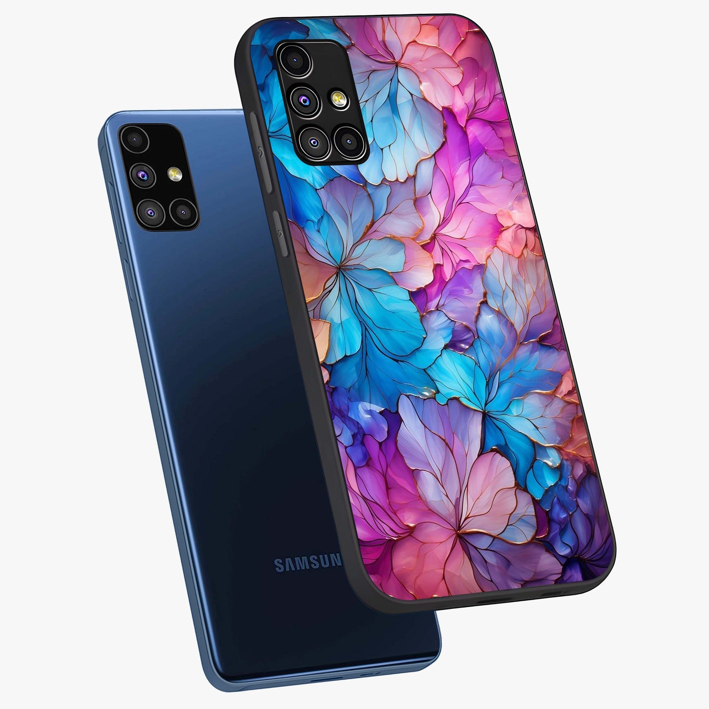 Radiant Floral Whirl Glass Case displayed in angled mockup highlighting vibrant flower pattern with dynamic artistic aesthetic.