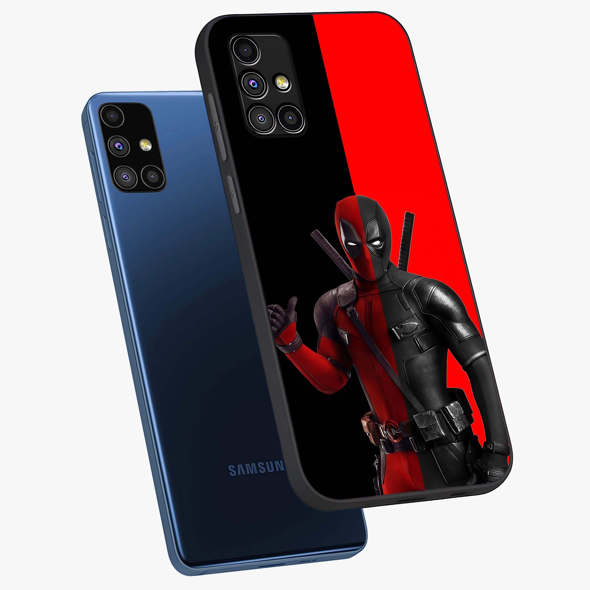 Red & Black Deadpool Theme Glass Case displayed in angled mockup highlighting vibrant superhero style illustration with action aesthetic.