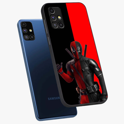 Red & Black Deadpool Theme Glass Case displayed in angled mockup highlighting vibrant superhero style illustration with action aesthetic.