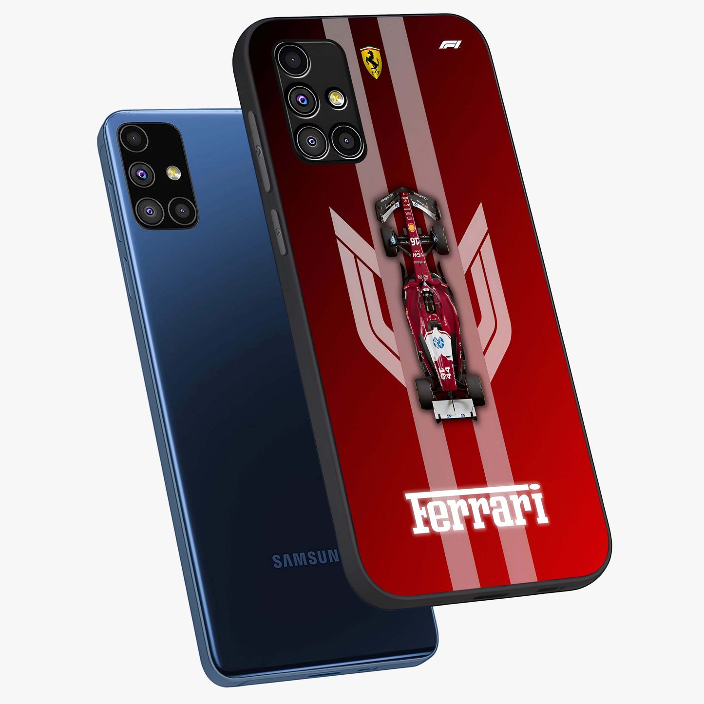 Red Ferrari F1 Vertical Glass Case displayed in angled mockup highlighting high speed racing design with bold automotive aesthetic.