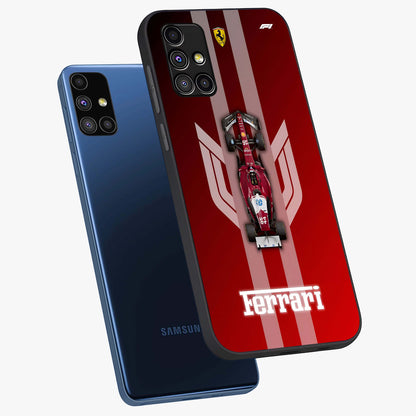 Red Ferrari F1 Vertical Glass Case displayed in angled mockup highlighting high speed racing design with bold automotive aesthetic.