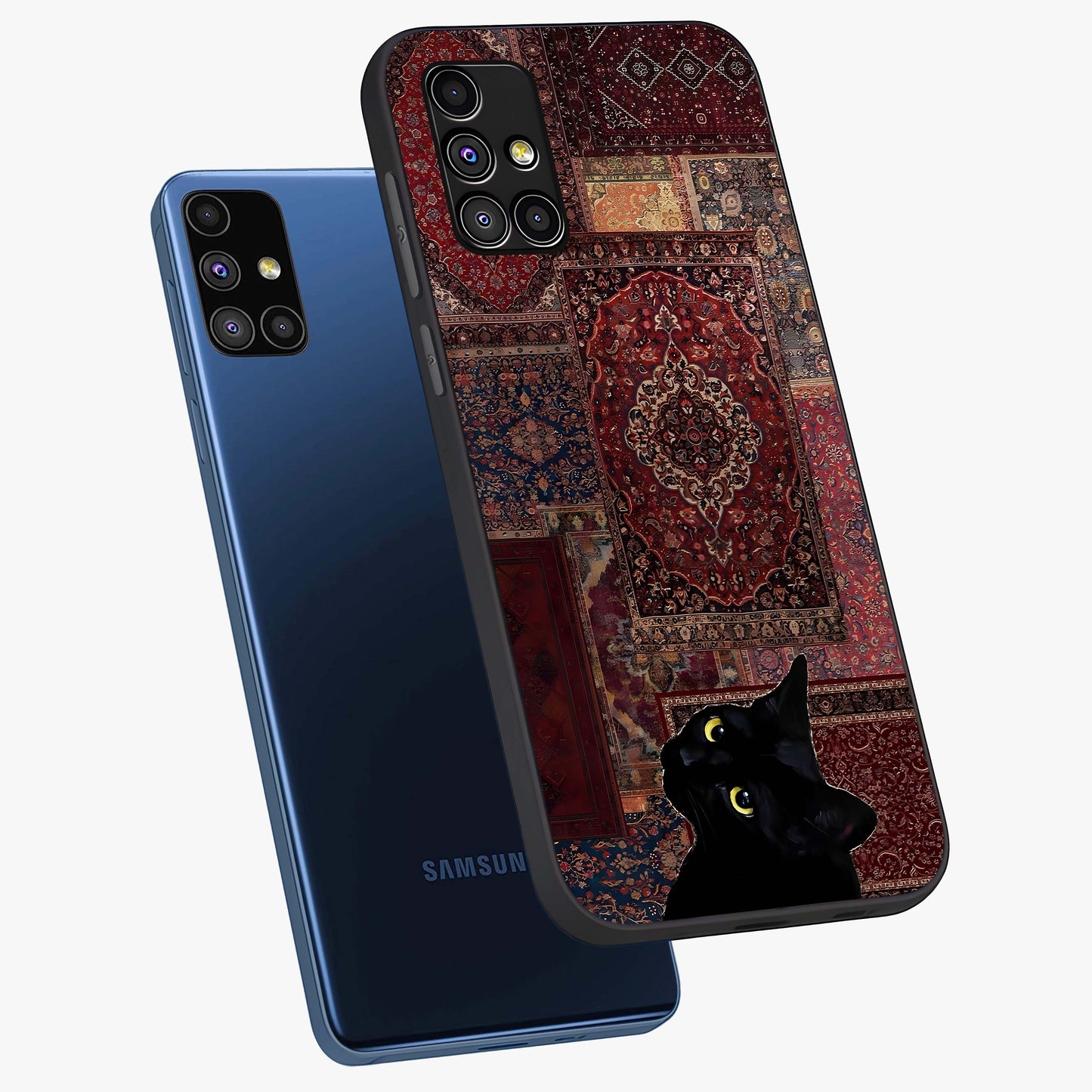 Regal Magic Cat Apple Glass Case displayed in angled mockup highlighting whimsical feline design with fantasy aesthetic.