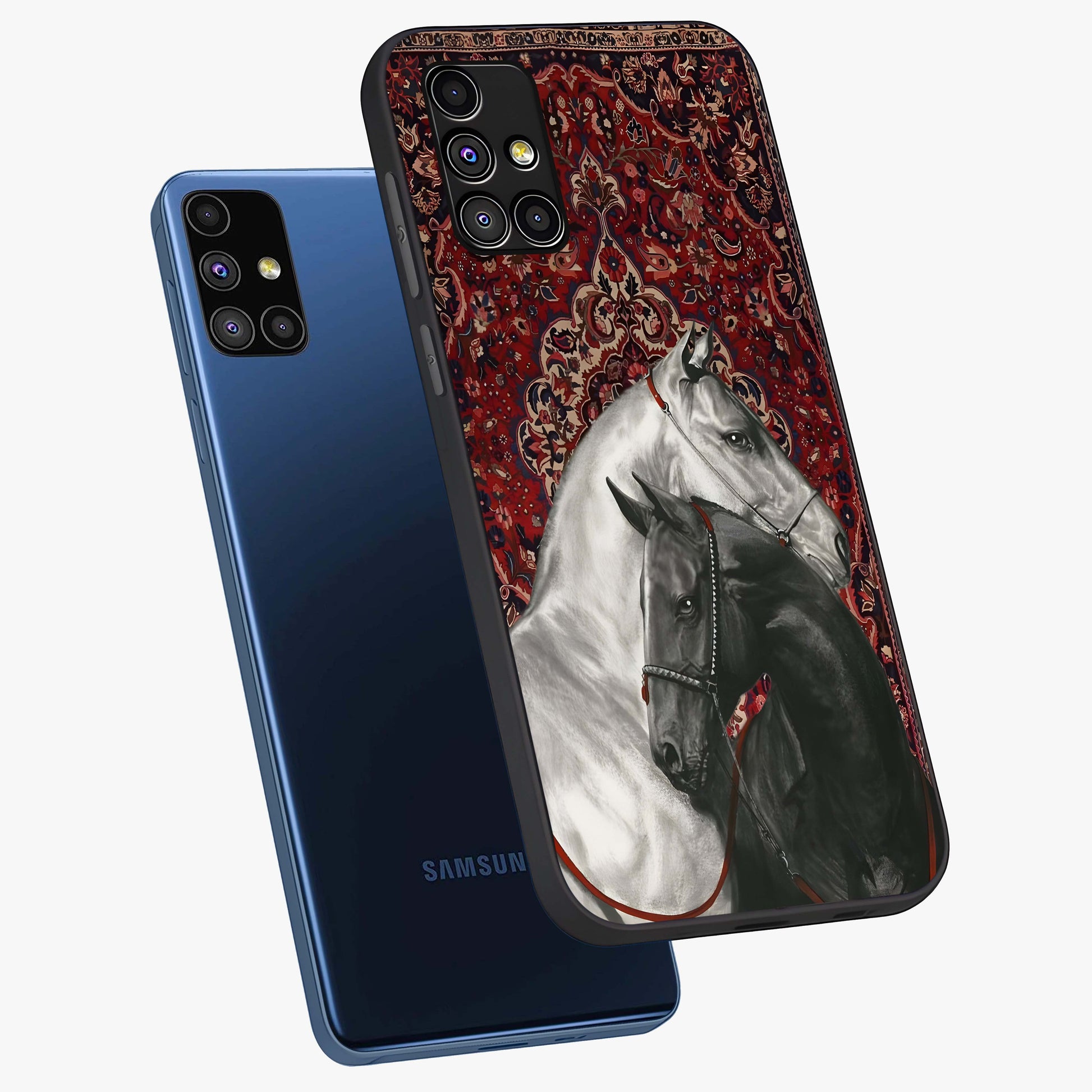 Regal Stallion Tapestry Glass Case displayed in angled mockup highlighting royal stallion design with decorative heritage aesthetic.