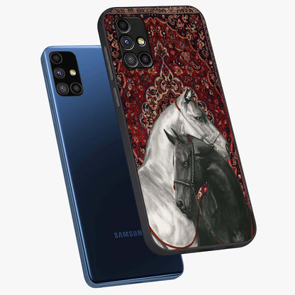 Regal Stallion Tapestry Glass Case displayed in angled mockup highlighting royal stallion design with decorative heritage aesthetic.