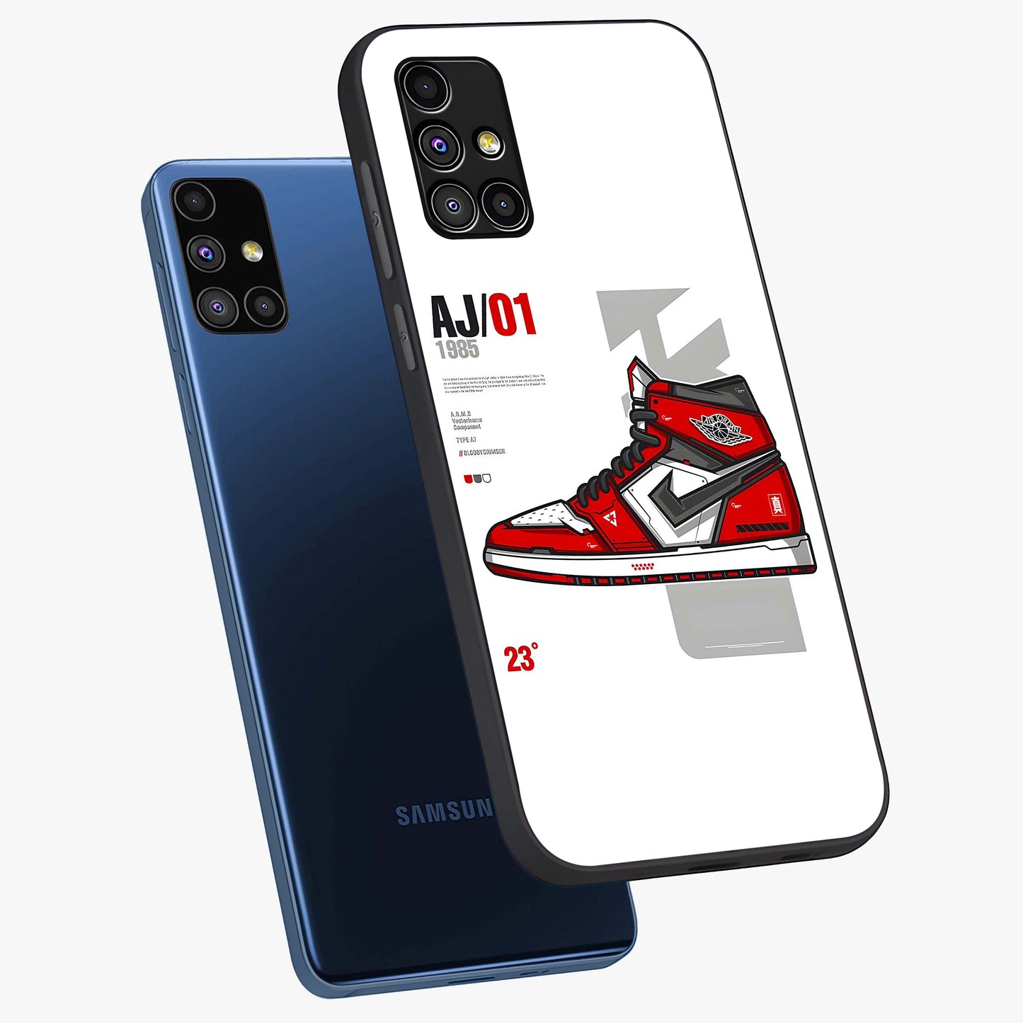 Retro Sneaker Blueprint Glass Case displayed in angled mockup highlighting detailed shoe design with sporty retro aesthetic.