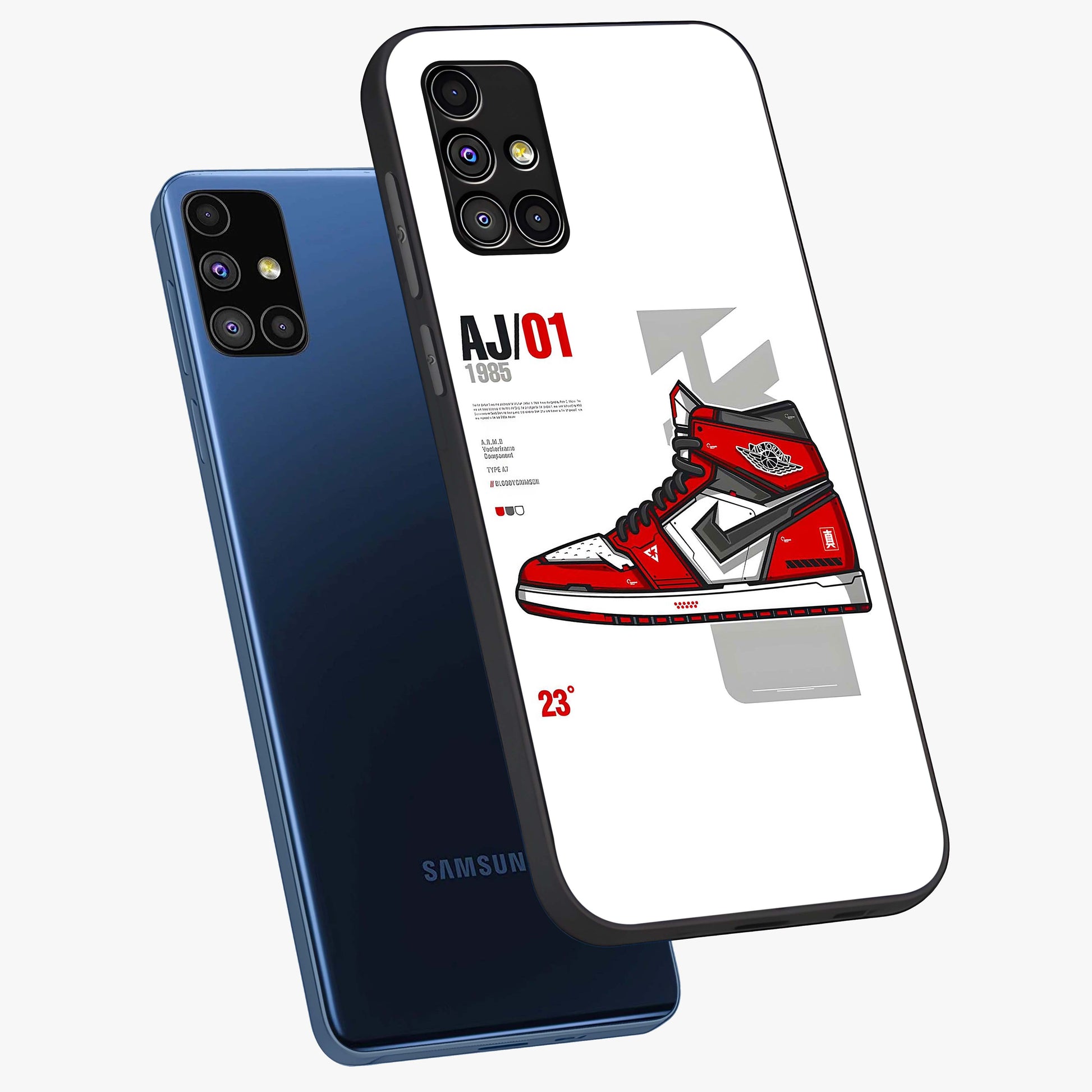 Retro Sneaker Blueprint Glass Case displayed in angled mockup highlighting detailed shoe design with sporty retro aesthetic.