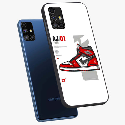 Retro Sneaker Blueprint Glass Case displayed in angled mockup highlighting detailed shoe design with sporty retro aesthetic.