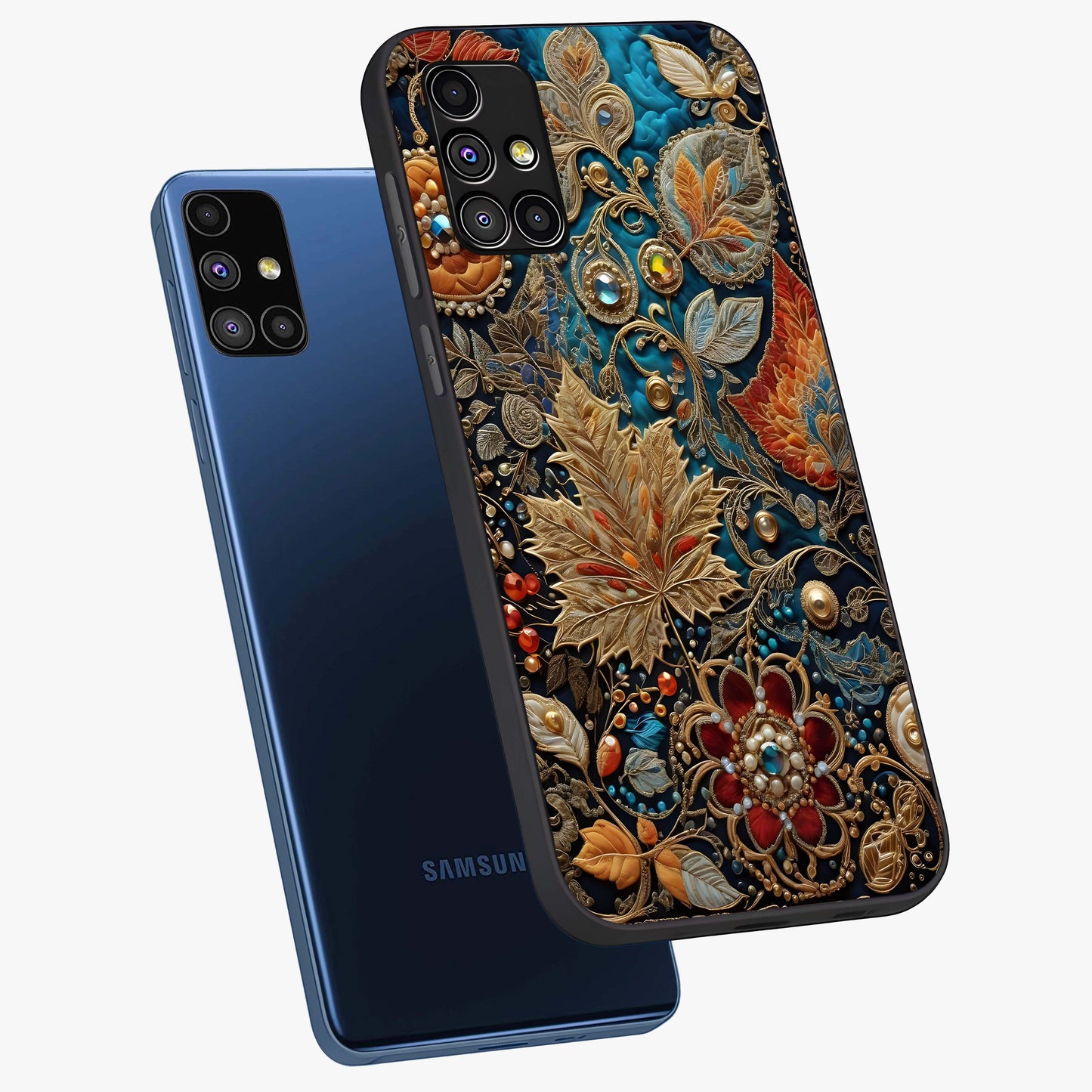 Royal Jewel Garden Glass Case displayed in angled mockup highlighting vibrant jewel inspired floral design with elegant aesthetic.
