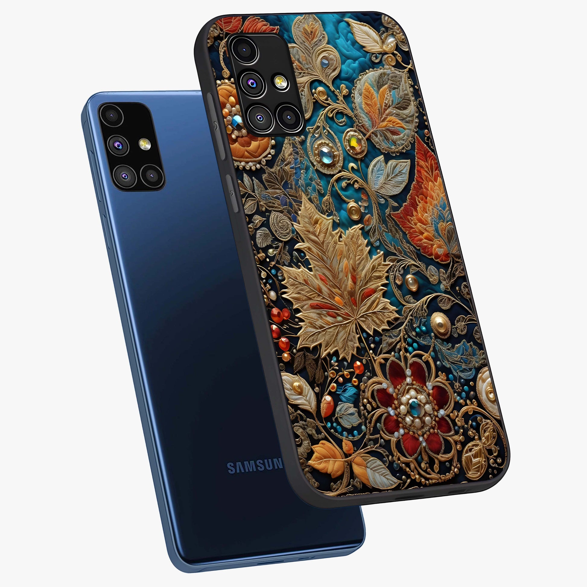 Royal Jewel Garden Glass Case displayed in angled mockup highlighting vibrant jewel inspired floral design with elegant aesthetic.