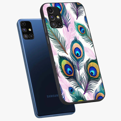 Royal Peacock Feathers Glass Case displayed in angled mockup highlighting vibrant feather pattern with regal aesthetic style.