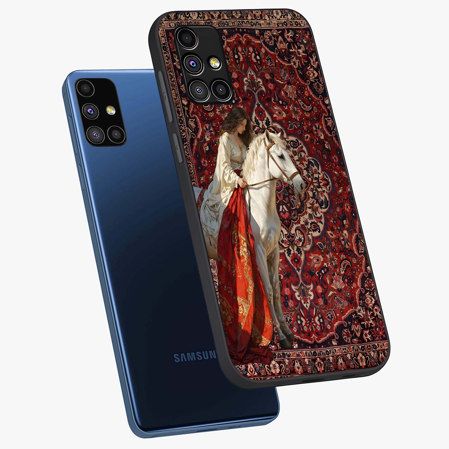 Royal Rider Tapestry Glass Case displayed in angled mockup highlighting traditional tapestry design with royal heritage aesthetic.