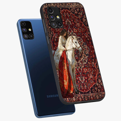 Royal Rider Tapestry Glass Case displayed in angled mockup highlighting traditional tapestry design with royal heritage aesthetic.