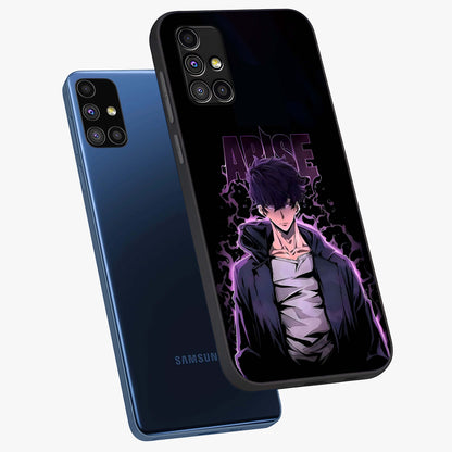 Shadow Monarch Awakening Glass Case displayed in angled mockup highlighting dramatic shadow warrior design with fantasy aesthetic.