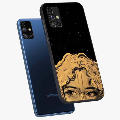 Shri Krishna Art Glass Case displayed in angled mockup highlighting spiritual Krishna illustration with divine aesthetic.