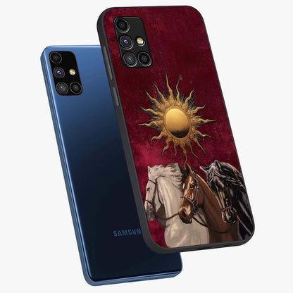 Solar Riders Glass Case displayed in angled mockup highlighting powerful rider illustration with radiant solar aesthetic.