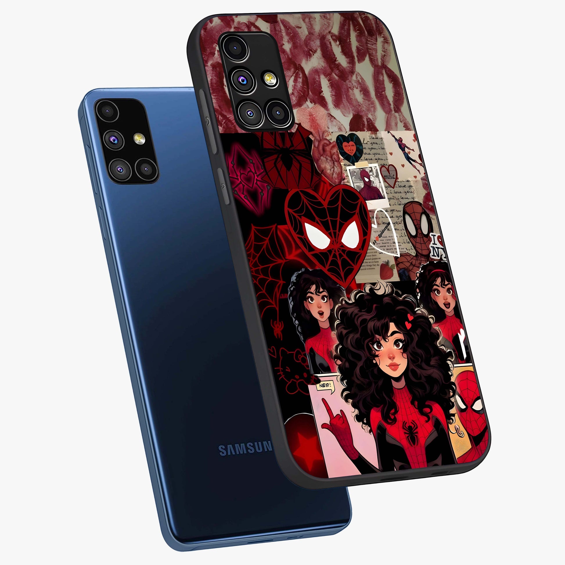 Spider Love Story Glass Case displayed in angled mockup highlighting expressive comic inspired design with playful aesthetic.