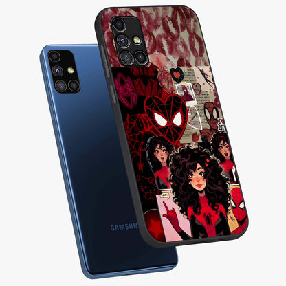 Spider Love Story Glass Case displayed in angled mockup highlighting expressive comic inspired design with playful aesthetic.