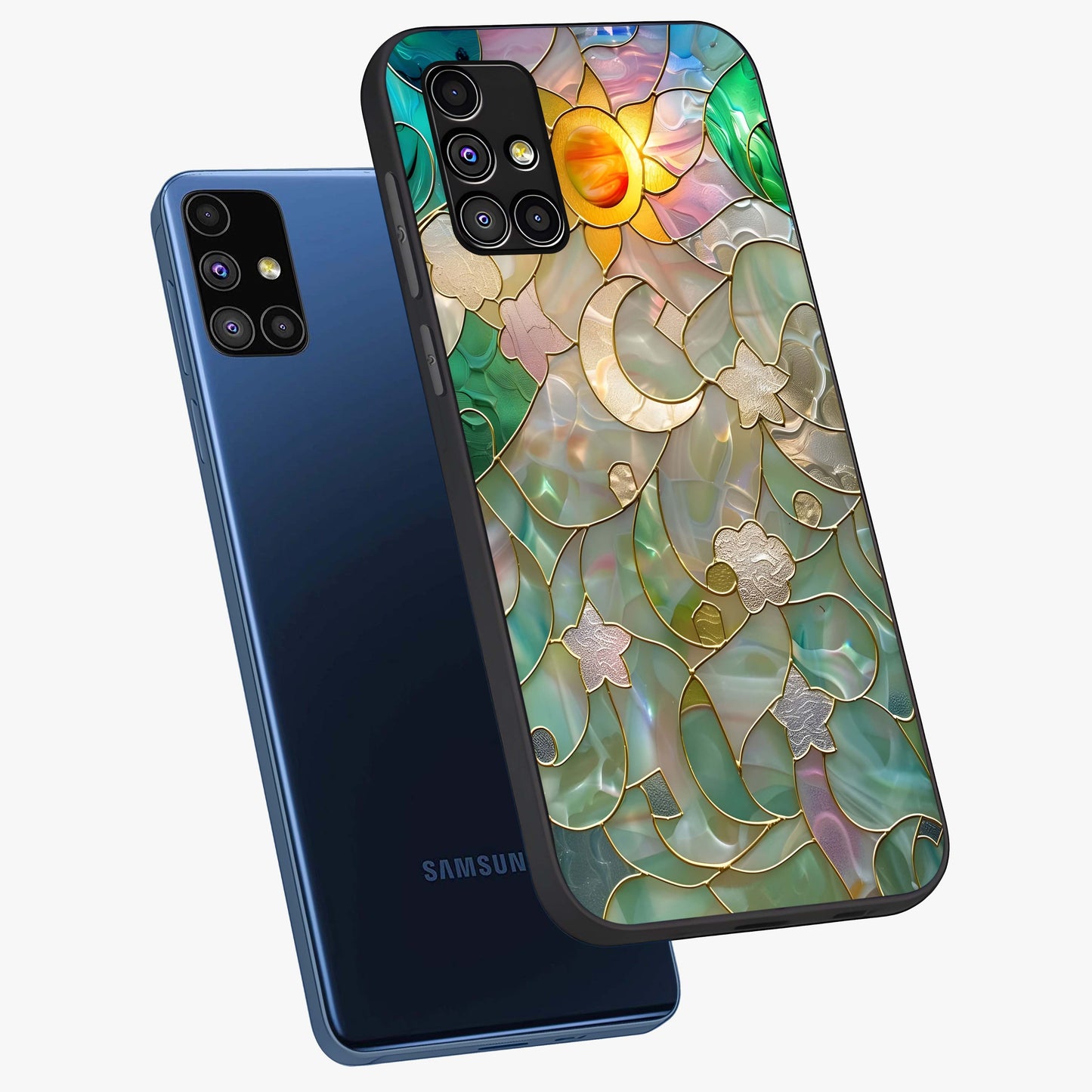 Stained Sunrise Glow Glass Case displayed in angled mockup highlighting radiant sunrise design with artistic aesthetic style.