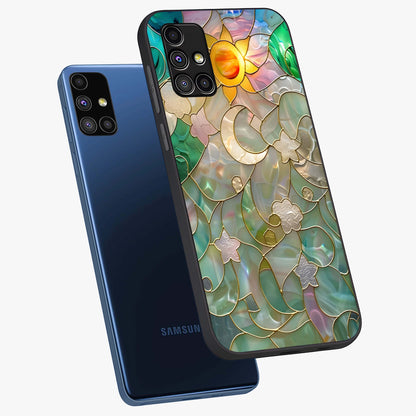 Stained Sunrise Glow Glass Case displayed in angled mockup highlighting radiant sunrise design with artistic aesthetic style.