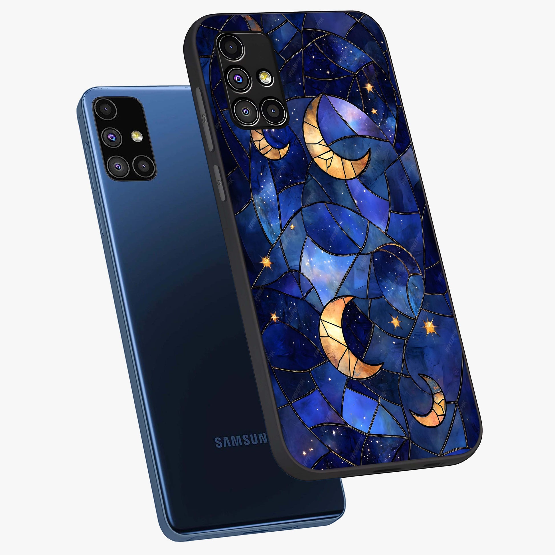Starlit Sky Tapestry Glass Case displayed in angled mockup highlighting celestial night pattern with artistic aesthetic style.