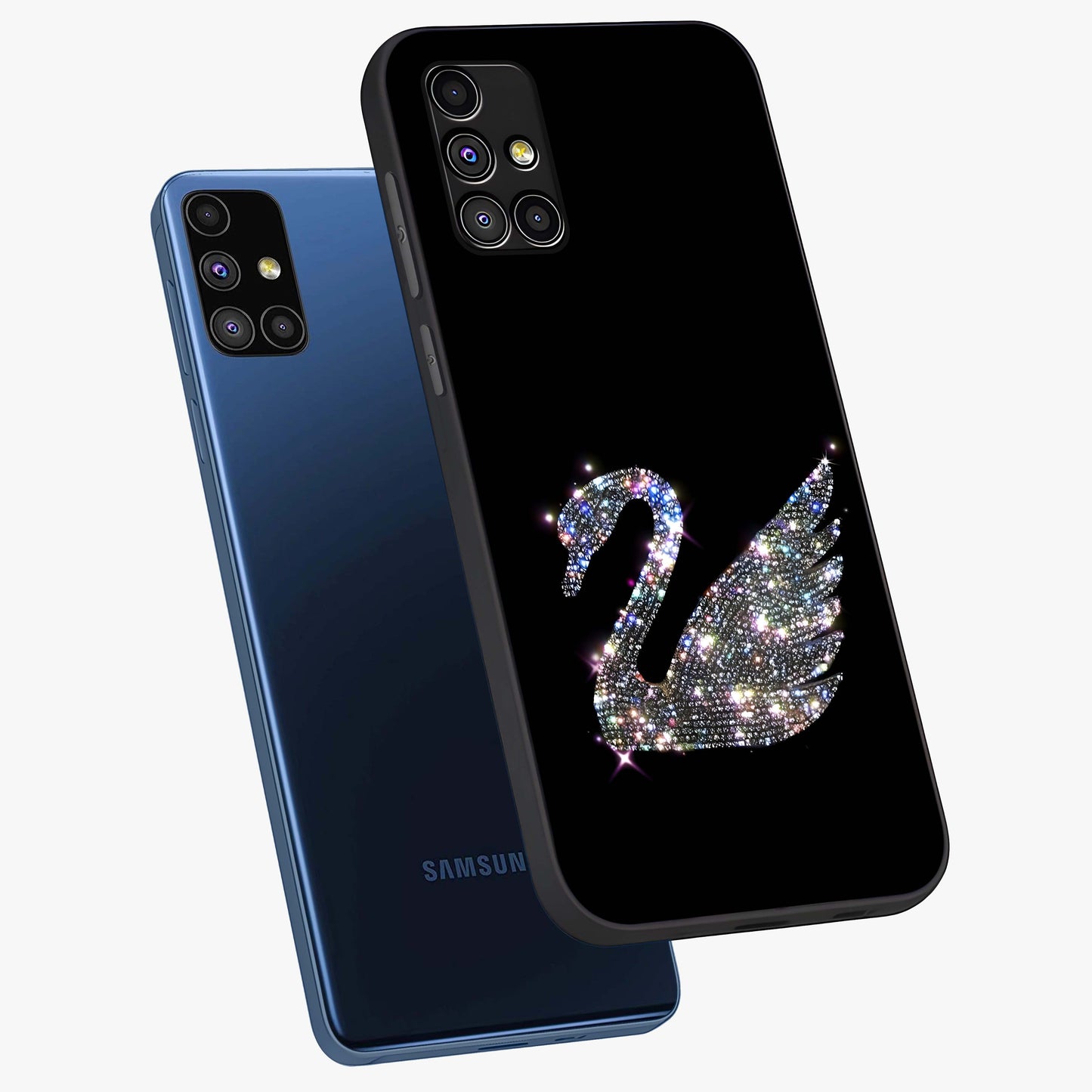 Starlit Swan Grace Glass Case displayed in angled mockup highlighting elegant swan illustration with dreamy celestial aesthetic.